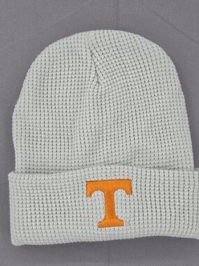 Adult White Waffle Knit Beanie with Orange Tennessee "T" Embroidered Patch